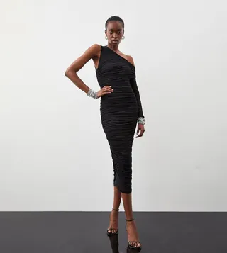Ruched Mesh Asymmetric Jersey Maxi Dress