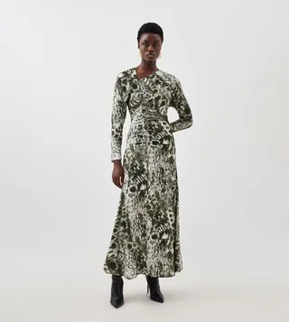 Snake Print Jersey Asymmetric Maxi Dress