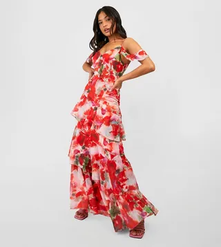 Asymmetric Chiffon Tiered Ruffle Floral Maxi Dress