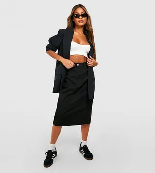 High-Rise Stretch Denim Midi Skirt