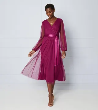 Mesh Satin Tie Midi Dress