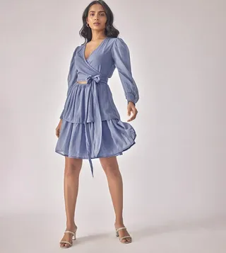 Solid V-Neck Layered Dress