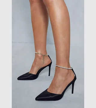 Premium Diamante Strap Pointed Satin Slingback Pumps