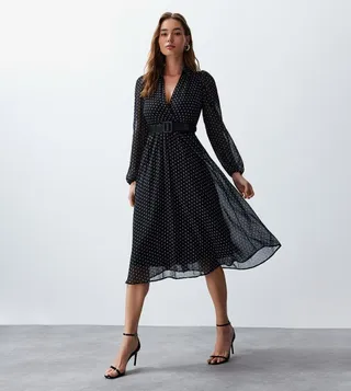 Polka Dot Chiffon Belted Midi Dress