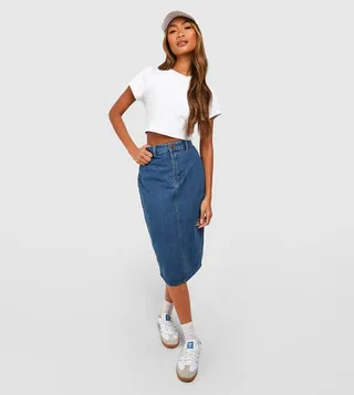 High-Rise Stretch Denim Midi Skirt
