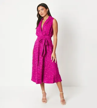 Sleeveless Lace Shirt Tie Waist Midi Dress