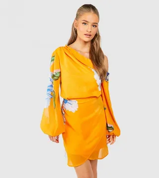 Floral Print Chiffon One Shoulder Mini Dress