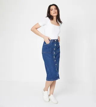 Button Through Denim Maxi Skirt