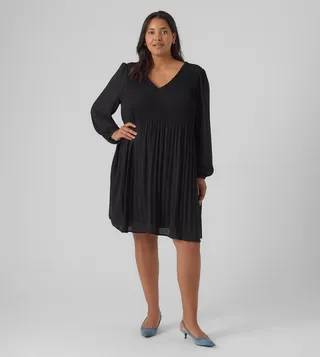 Pleated V-Neck Shift Dress