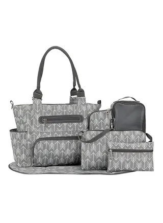 Diaper Bag Set Of 6 With Stroller Hooks And Nappy Changing Mat, Nappy Baby Bag, Travel Beach Shopping Baby Bag,  Multifunctional Mummy Bag, Cosmetic, Wet Dry Pouch, Melange Grey 