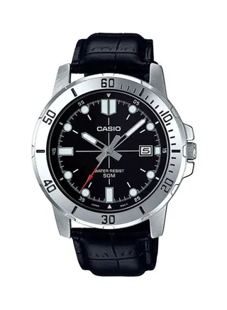 Men's Water Resistant Leather Analog Watch MTP-VD01L-1EVUDF - 45 mm - Black 