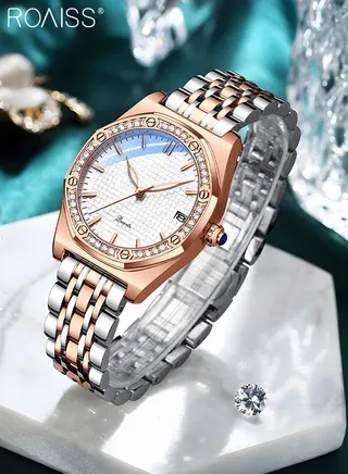 Women's Stainless Steel Strap Quartz Watch Analog Display Round Dial with Rhinestones Decoration Waterproof Elegant Wristwatch as Gift for Women 