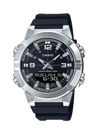 Men's Analog Digital World Time Resin Strap Watch AMW-870-1AVDF - 52 mm - Black 