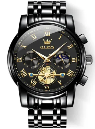 Watches For Men Fashion Stainless Steel Quartz Chronograph Water Resistant Watch - Black 