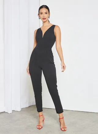 Plunge Neck Padded Jumpsuit Black 