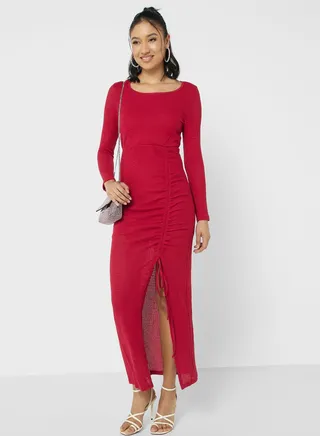 Side Slit Ruched Tie Up Dress 