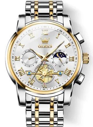 Watches For Men Fashion Stainless Steel Quartz Analog Chronograph Water Resistant Watch - Gold and Silver 