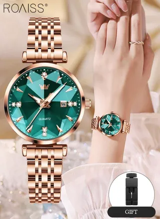 Women's Steel Strap Quartz Watch Analog Display Round Green Dial with Diamond Cut Mirror Waterproof Luminous Wristwatch as Gift for Ladies 