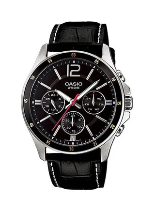 Men's Water Resistant Leather BAnd Analog Watch MTP-1374L-1ADF - 47 mm - Black 