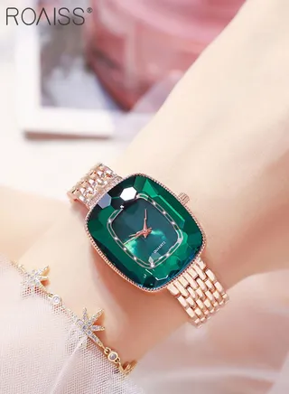 Women's Steel Strap Quartz Watch Analog Display with Oval Shape Green Dial Waterproof Elegant Wristwatch as Gift for Ladies 