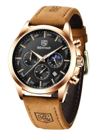 Watches for Men Luxury Quartz Water Resistant Watch Men's Chronograph Genuine Leather Strap 