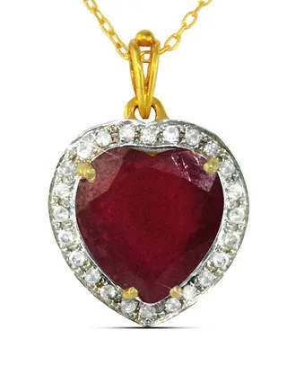 18K Gold Genuine Diamond Heart Cut Ruby Pendant Necklace 0.14 Carat 