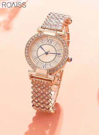 Women's Bracelet Strap Quartz Watch Analog Display Round Dial Watch with Full Rhinestone Decoration Waterproof Elegant Gift for Ladies 