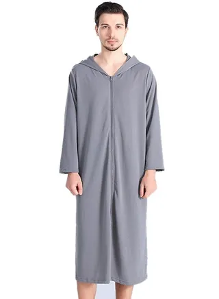Fashion Men Long zip-up bathrobe with hood, perfect for vacations by the sea, and beach vacations 
