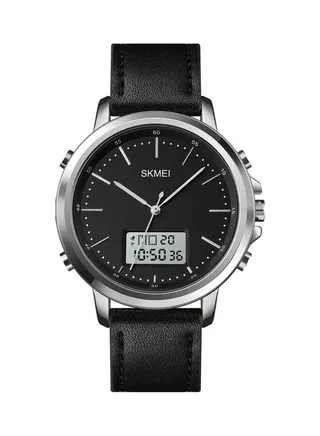 Men's Analog Leather Strap Digital Watch With Alarm Stopwatch LED Backlight - 46 mm - Black 