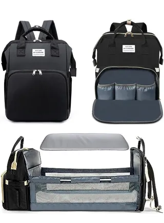 Diaper Bag Backpack Waterproof Diaper Changing Totes Multi-Function Travel Portable Bassinet Backpack Mommy Bag Large Capacity Baby Backpack for Boy Girl Baby Shower Gifts Folding Frib (Black) 