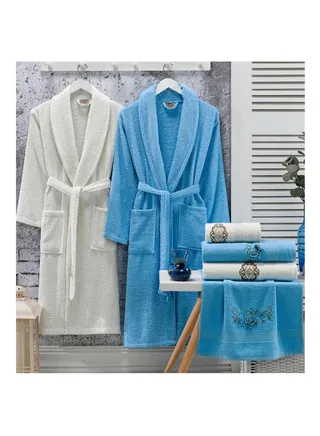 6-Piece Turkish Terry Cotton Family Bathrobe Set with Matching Bath Towels and Hand Towels in Gift Box Sky Blue/Off White 
