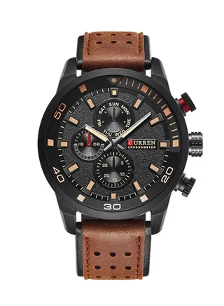 Men's Water Resistant Leather Chronograph Watch WT-CU-8250-B - 48 mm - Brown 
