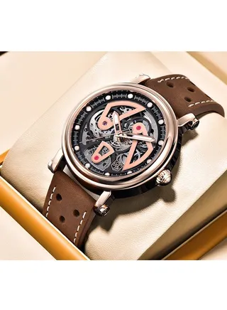 Luxury Automatic Men's Watches 50M Waterproof Skeleton Wrist Watch with Stainless Steel Case Leather Watchband,Gold 