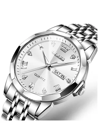 Watch For Men Fashion Stainless Steel Quartz Analog Water Resistant Watch Silver 41mm 9931 