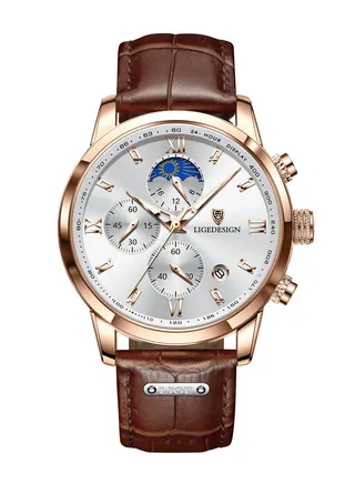 Water Resistant Watches Men's Chronograph Quartz Watch for Men Business with Luxury Leather Band Brown 