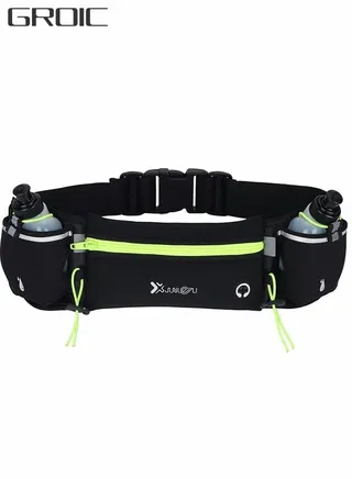 Running Belt with Water Bottles, Water Bottle Holder Running Pouch Belt for Running, Triathlon, Marathon, Running Bag for Any Phone Size with headphone jack, glasses, tool storage belt 