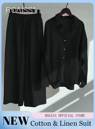 Ladies 2 Piece Set New Trend Fashion Cotton Linen Shirt Suit Loose Pants Summer Spring Clothes for Women Breathable and Cool Long-Sleeve Lapel Shirt 