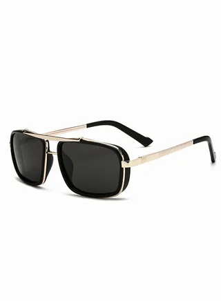 Men's Rectangular Sunglasses Polarized Lenses UV400 Protection Aluminum Magnesium Alloy Arms with Glasses Case for Shopping Driving Riding Trekking (Golden Black) 