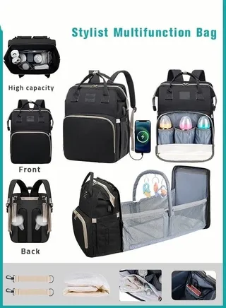 Baby Diaper Bag Backpack, Multifunction Diapers Changing Station & Toy Bar for Outdoor and Travel, Infant Shower Gifts, Large Capacity, USB Port, 3 Toys 