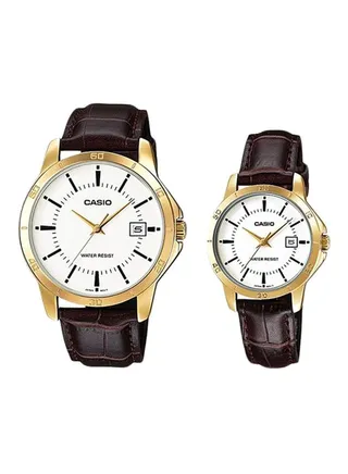 Round Shape Leather Strap Couple Watch - MTP/LTP-V004GL-7AUDF - Brown 