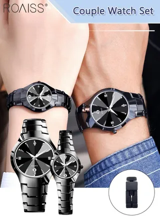 Stainless Steel Strap Couple Quartz Watch Set, Analog Display Round Dial with Rhinestones Decoration, Luxurious Luminous Waterproof Calendar Watch Gift for Men Women 