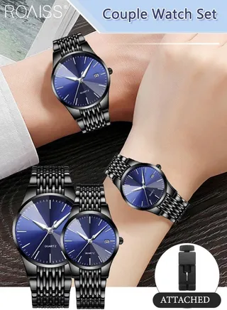 Alloy Strap Couple Quartz Watch Set, Analog Display Round Dial, Luxurious Luminous Waterproof Calendar Watch Gift for Men Women, Black Blue 