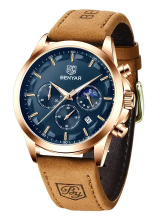 Watches for Men Luxury Quartz Water Resistant Watch Men's Chronograph Genuine Leather Strap 
