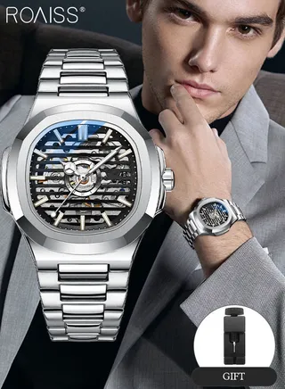 Men's Stainless Steel Strap Mechanical Watch Analog Display Round Black Dial with Hollow Design Waterproof Luminous Wristwatch as Gift for Men 