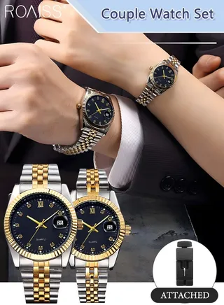 Stainless Steel Strap Couple Quartz Watch Set, Analog Display Round Dial with Rhinestones Decoration, Luxurious Luminous Waterproof Calendar Watch Gift for Men Women 