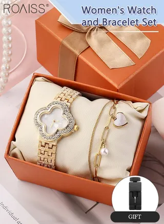 2PCS Women's Alloy Strap Bracelet Watch Set Analog Display Flower Dial Quartz Watch with Heart Bracelet Decorated with Pearl Elegant Watch Set as Gift for Ladies 