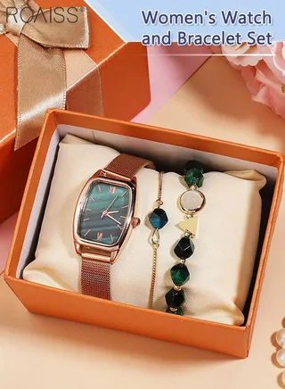 3PCS Women's Alloy Strap Bracelet Watch Set Analog Display Rectangle Dial Quartz Watch with Green Beaded Bracelets Elegant Watch Set as Gift for Ladies 