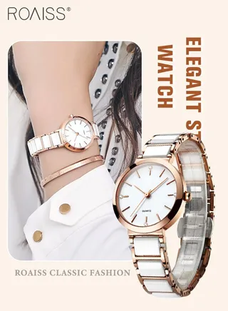 Women's Ceramic Strap Quartz Watch Analog Display Round White Dial Decorated with Diamonds Waterproof Simple Stylish Wristwatch as Gift for Ladies 