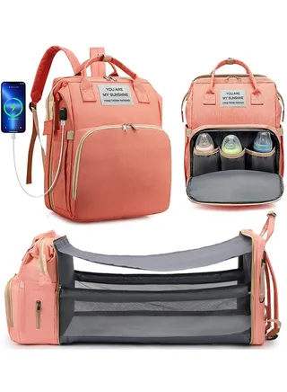 Multi-functional Travel Diaper Backpack Changing Baby Bag for Boys Girls Support Waterproof & Foldable Large Capacity with USB Charging Port Pink 