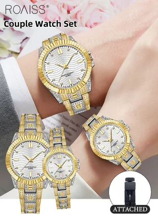 Stainless Steel Strap Couple Quartz Watch Set, Analog Display Round Dial, Waterproof Luminous Exquisite Fashion Wristwatch Suitable for Men Women, Gold and Silver 